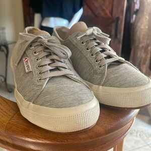 Superga gray material with gray lace and silver accent size 8 women, 6 1/2 men
